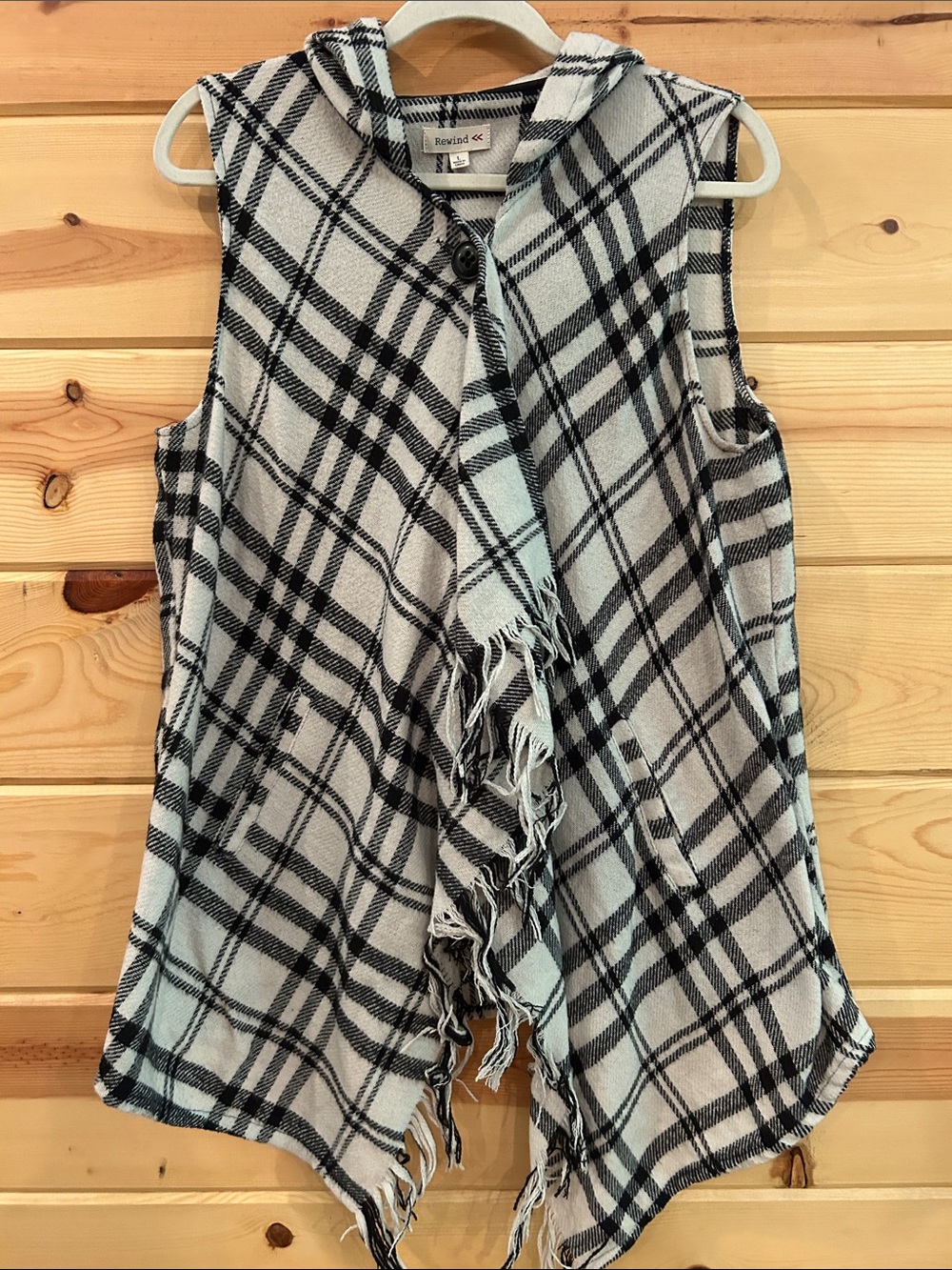Rewind Women’s Black & White Plaid Hooded Fringe Poncho Vest, Size  L